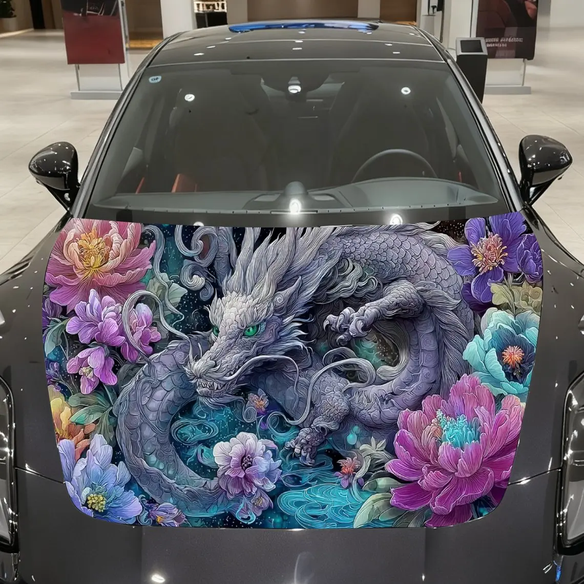 

Silver Dragon Playing with Flowers Car Vinyl Wrap, PVC Material Waterproof Car Hood Sticker, Self-Adhesive Scratch-Resistant Sti