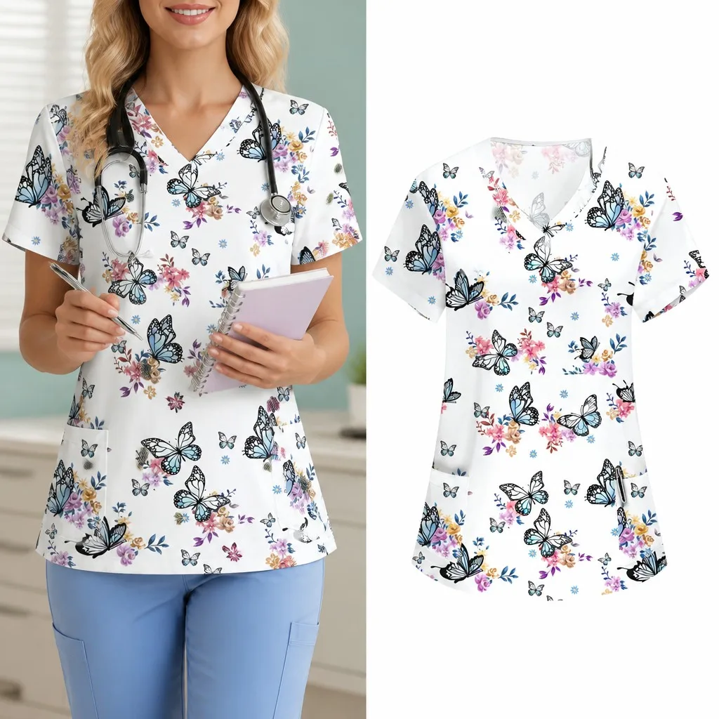 Women's Butterfly Print V-Neck Nurse Surgical Gown Top with Pockets Frosted T-Shirt Comfortable Short Sleeve Nursing Gown
