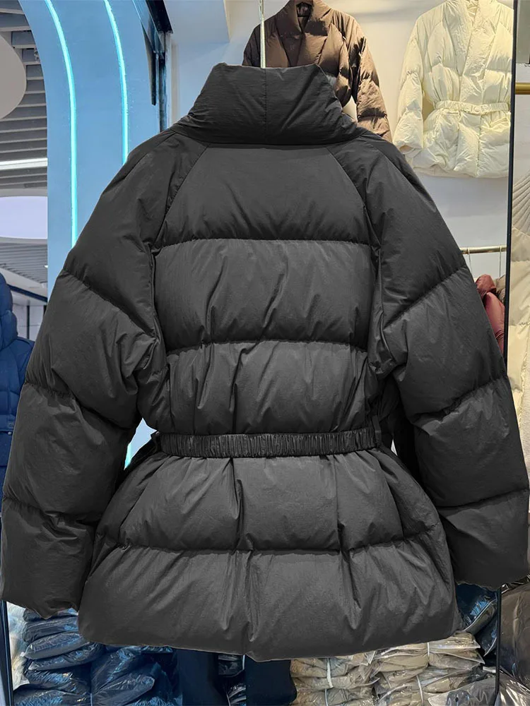 Winter New White Duck Down Jacket With Belt Warm Elegant Stylish Snow Parka Puffer Jacket Middle Length Long Quilted Padded Coat