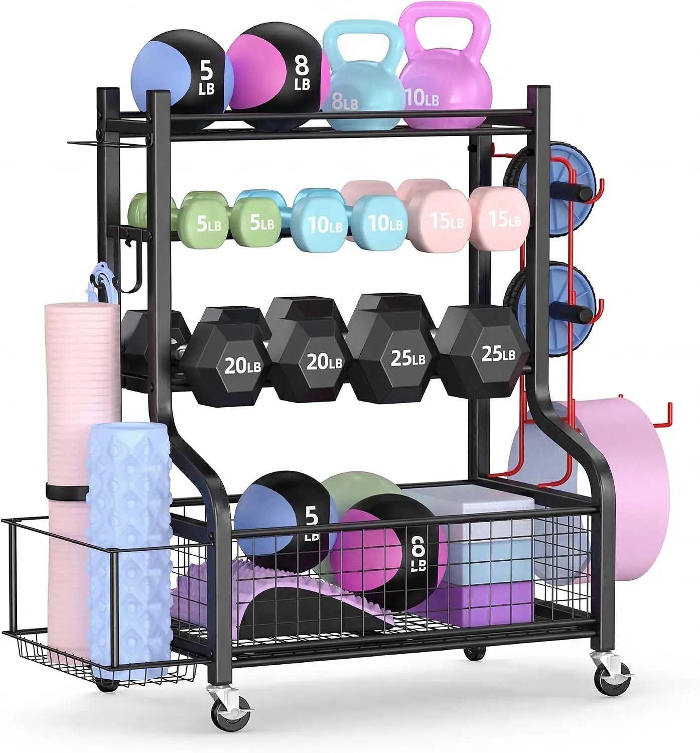 Home Gym Dumbbell Weight Storage Rack Wheels Hooks