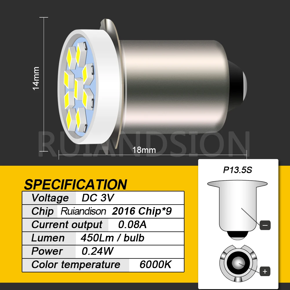 P13.5S PR2 PR3 LED Bulb 3V 4.5V 6V 6.3V 12V 18V Flashlight Torch Replacement Lamp Work Light White Mini Lamp