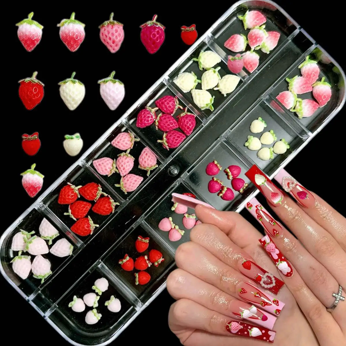 1Box New Creative Colorful Strawberry Resin Nail Charms 3D Adorable Simulated Strawberry Nail Art Decorations DIY Hairpin Nails