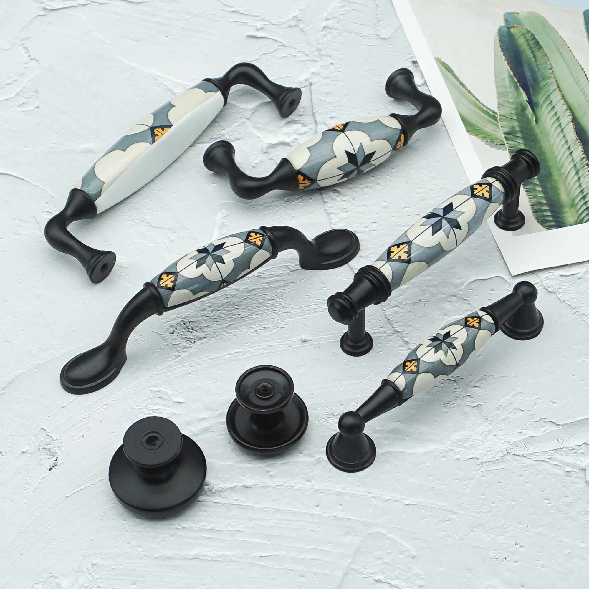Ceramic Furniture Handles and Knobs Nordic Blue Flower Cabinet Handle Hardware Kitchen Cupboard Wardrobe Pulls Door Knobs 96mm