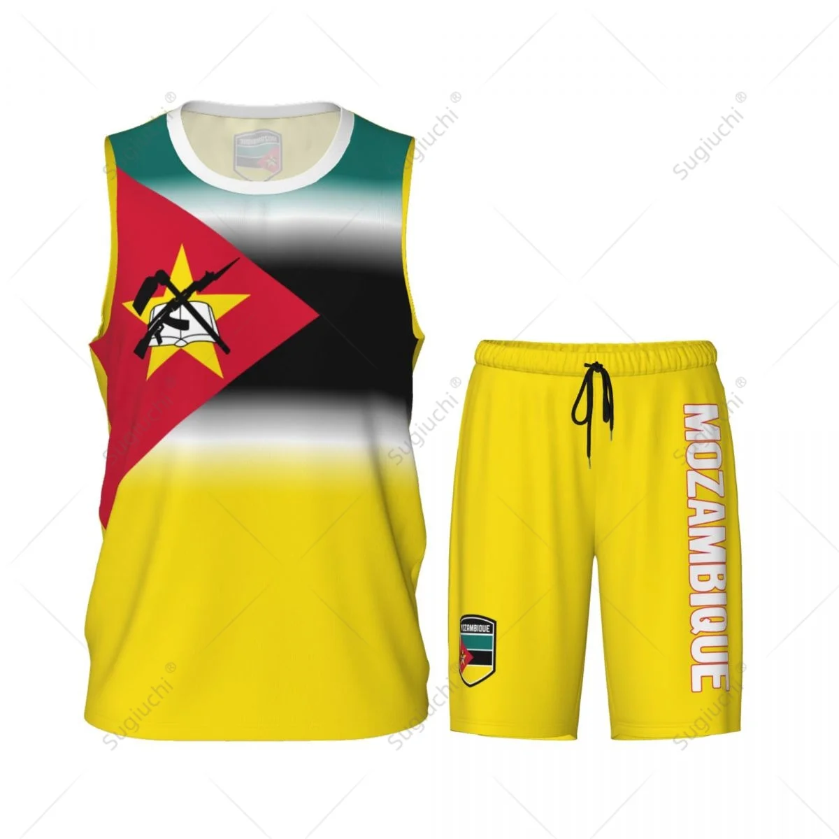 Conjunto de camisa de basquete com bandeira do Mozambique masculina, camisa e calças de malha, sem mangas, exclusivo, nome personalizado, Nunber, unissex