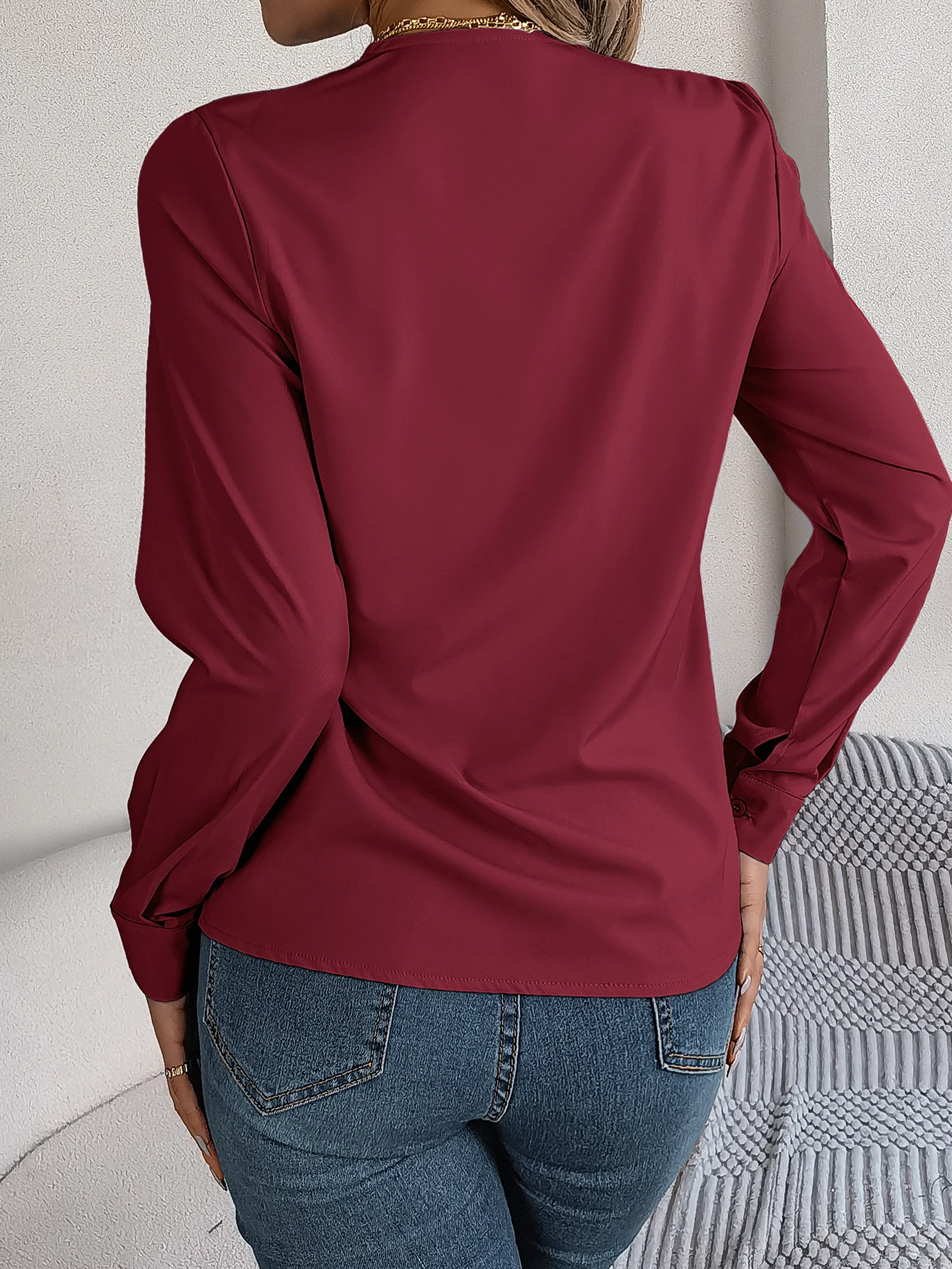 Casual Solid Color V Neck  Long Sleeve Blouse For Spring & Fall, Women\'s Clothing