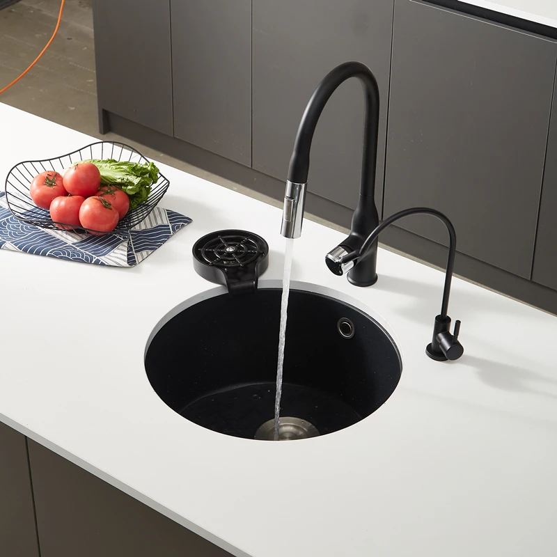 Small Round Quartz Granite Single Bowl Sink, Multi-Color Drop-in with Faucet - view 4