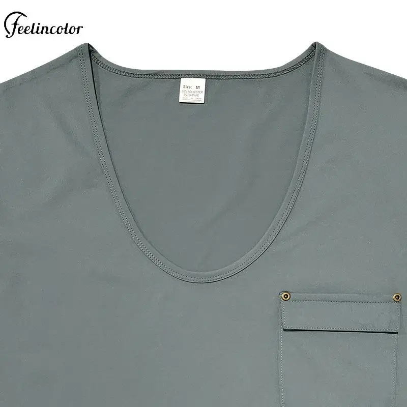 Men Pocket T-Shirts V-Neck Solid Color Plus Size T-Shirt Fashion Casual Loose Tee Gym Fitness Sports Tops Male Streetwear