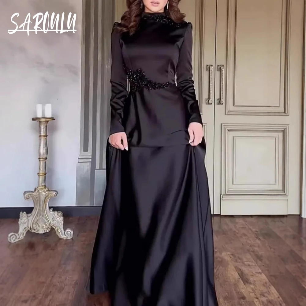 

Modest Black Long Sleeves Caftan Evening Dress Romantic Kaftan Dancing A Line Beaded Satin Cocktail Gown Elegant Prom Dress