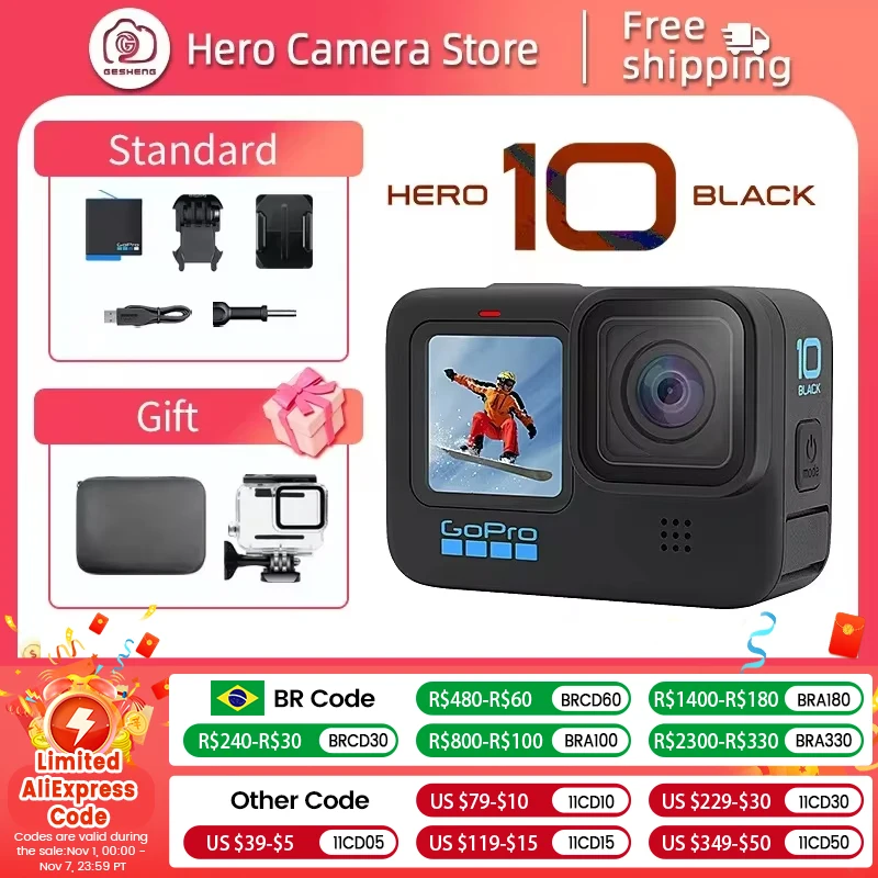 GoPro HERO10 Black original action camera 5.3K Cycling video camera GP2 chip 23MP HD helmet GoPro HERO 10 Black sports camera