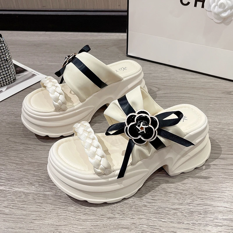 

9CM Heels Chunky Slippers For Women Open Toe High Platform Weaving Flower Sandals Woman New Summer Thick Bottom Beach Flip Flops
