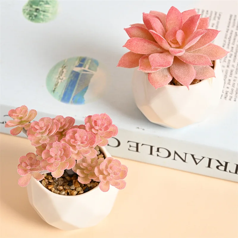 Pink Flocking Artificial Succulents Plants With Pot For Home Garden Decoration Fake Bonsai Flower Planta Artificial Accessories