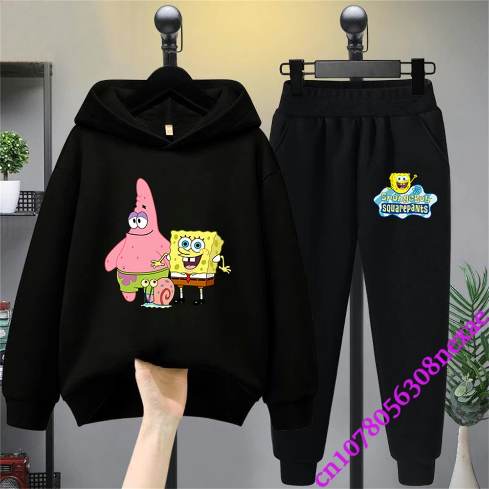 Spongebob Spring And Autumn Children\'s Clothing Boys And Girls Sweater Suit 2 Pieces Cartoon Print Sweater Sportswear Trousers