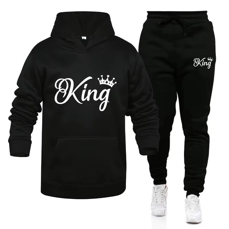 Men Women 2026 Winter Fleece 2‑Piece Tracksuit King Queen Graphic Oversized Pullover Hoodie Sweatshirt Sweatpants Casual Outfit