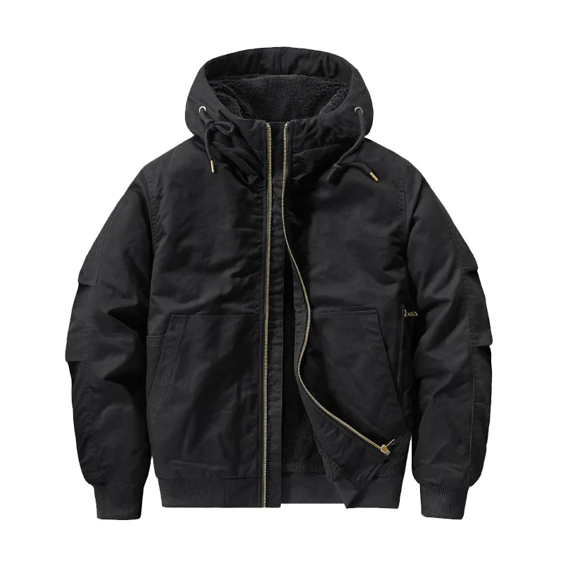 Men Army Green Black Khaki Solid Color Daily Casual Trendy Hooded Zipper Parkas Autumn Winter New Fashion American Style Coats