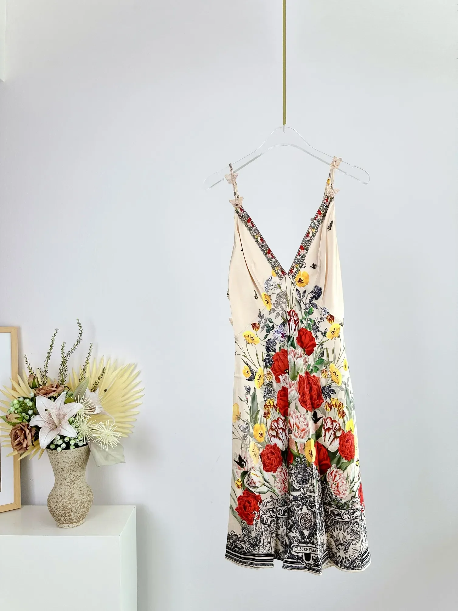 

Flower Print Women 100% Silk Tank Dress Summer Heavy Beaded V-Neck High Waist Butterfly Embroidery Elegant Ladies Mini Robe