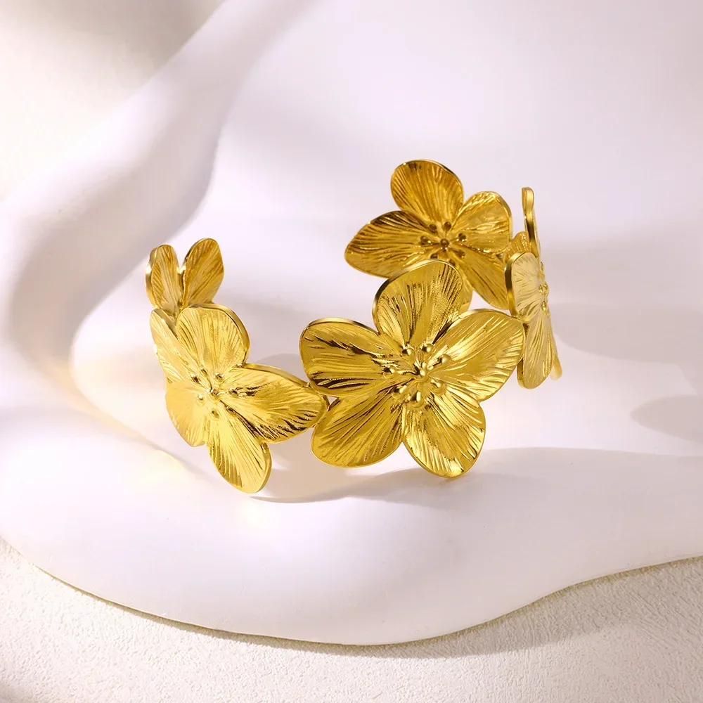 Elegant Flower Shaped Cuff Bracelet Chic Gold Color Wide Face Metal Fashion Bracelet For Women Daily Wear Jewelry image 2