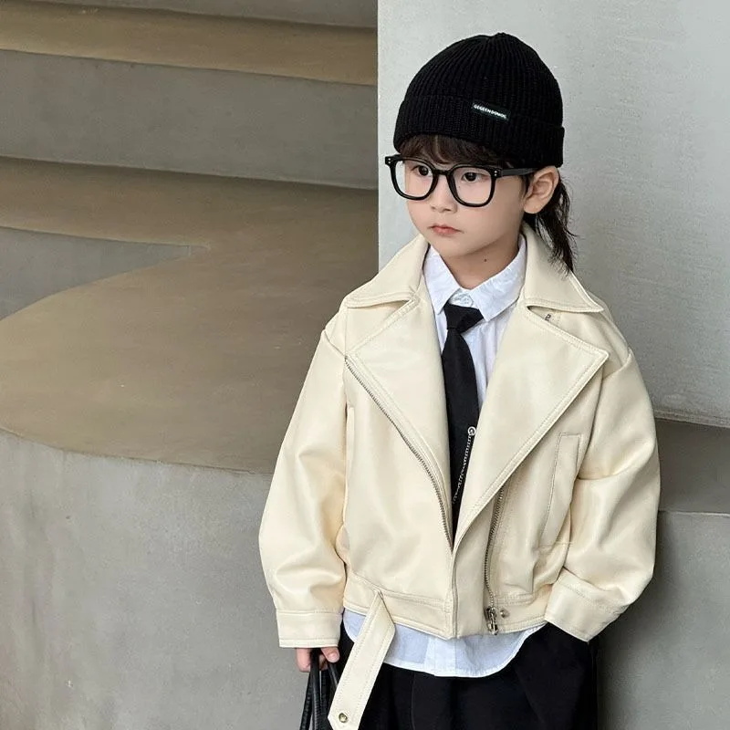 

Kids Retro Motorcycle Leather Jacket 2025 New Spring Autumn Trendy Streetwear Short Sleeve Big Kids Top