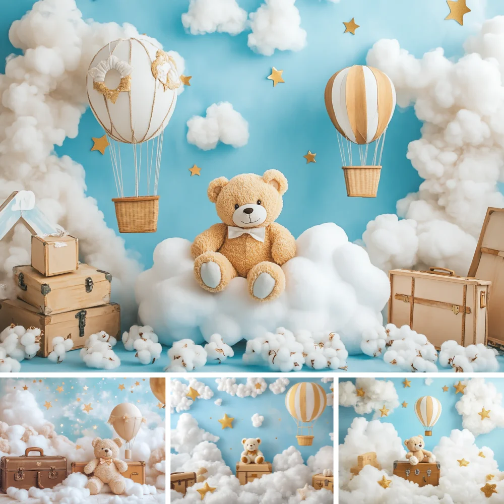 Cartoon Hot Air Balloon little bear Photography Backdrop Kids Birthday Party Decor Baby Shower Supplies Newborn Photo Shoot Prop