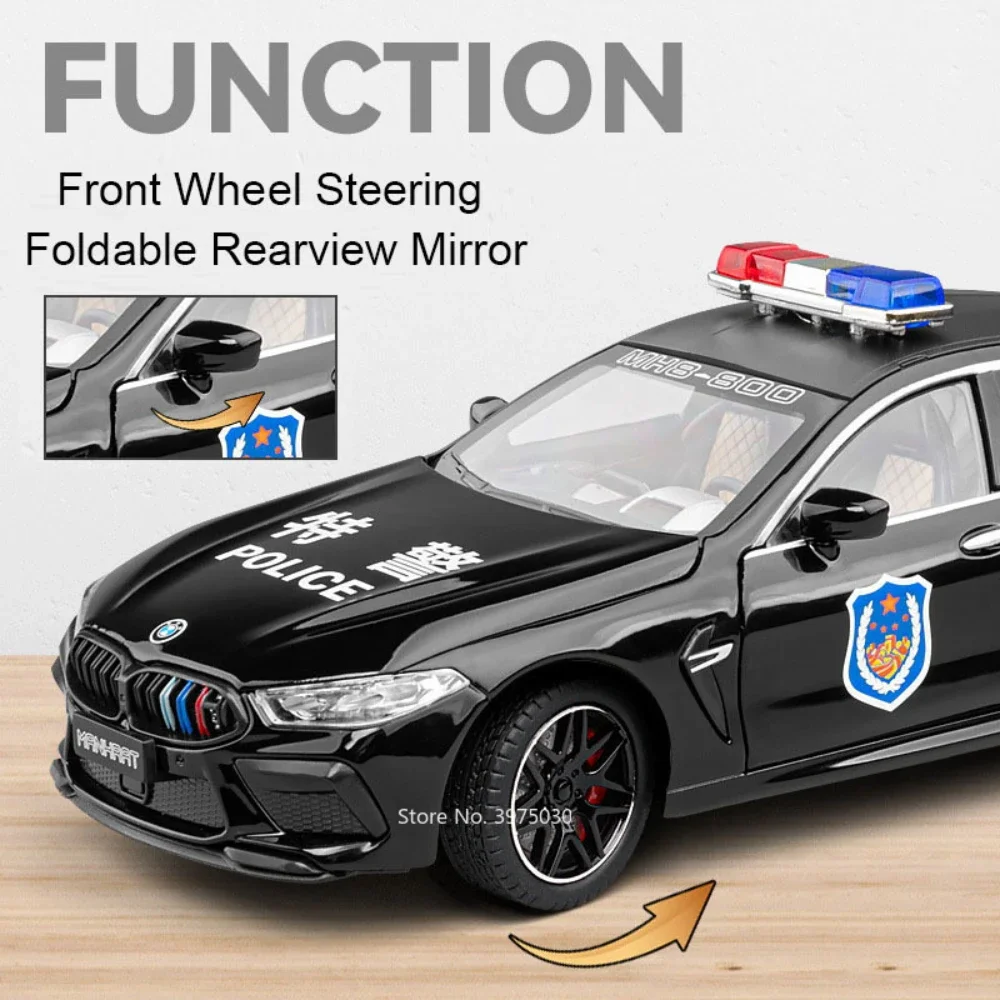 1/24 Legierung Diecast BMW M8 Polizeiautos Modell Spielzeug Rad Zurückziehen Gummireifen Sound Licht Miniatur Fahrzeug Jungen Sammlung Geschenke