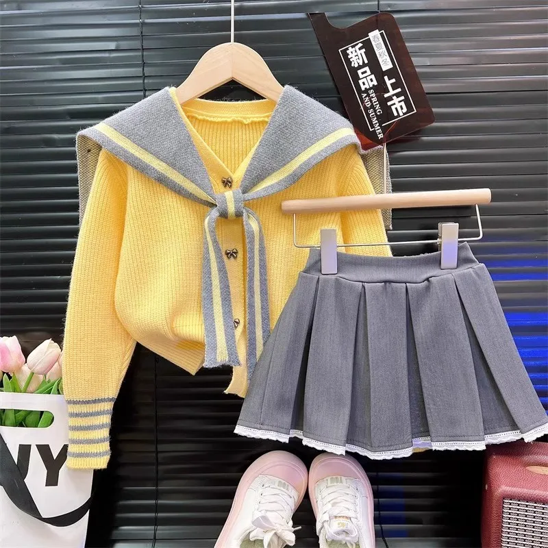 

TOY-Girls' Navy Collar Knit Cardigan and Pleated Skirt Two-Piece Set2025Spring Children's Sweater Jacket and Skirt Set