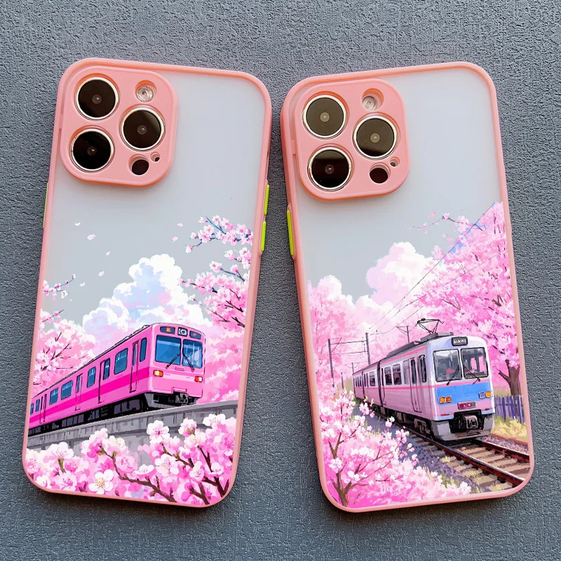 Hot Japan Sakura Train Landscape Phone Case For IPhone 16 15 Pro Max Plus 14 12 13 11 Pro Max Mini 7 8 Plus X XS XR SE2 Covers