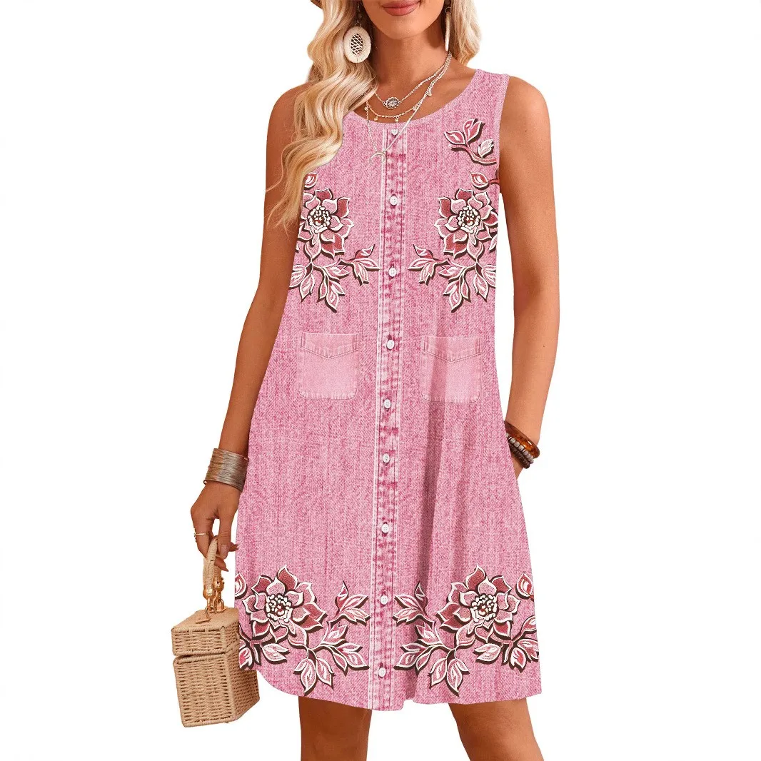 

Summer Woman Dress Round Neck Digital Print Midi Dresses A Line Sleeveless Straight Fit Sundress Blue Denim Knee Length Floral