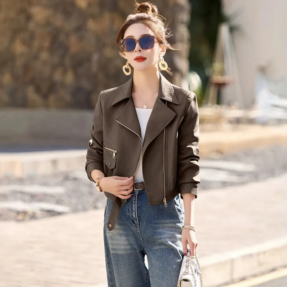 Faionable ort Slim Fit Leather Jaet Women's Outerwear 2025 New Sle Autumn Season Ladies' Coat Sli Motorcycle