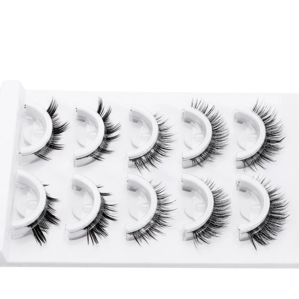 5 Paar selbstklebende Wimpern im natürlichen Look, natürliches kurzes schwarzes Band, Katzenaugenwimpern, kein Kleber erforderlich, Wispy