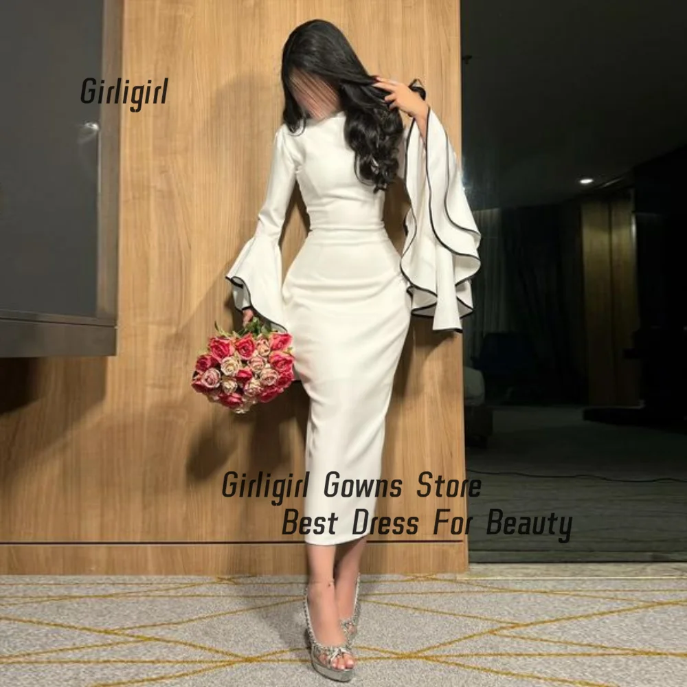 

Tarot Ivory High Collar Party Dresses Mermaid Bodycon Evening Dress Ruffle Long Flare Sleeves Tea Length Formal Prom Gowns