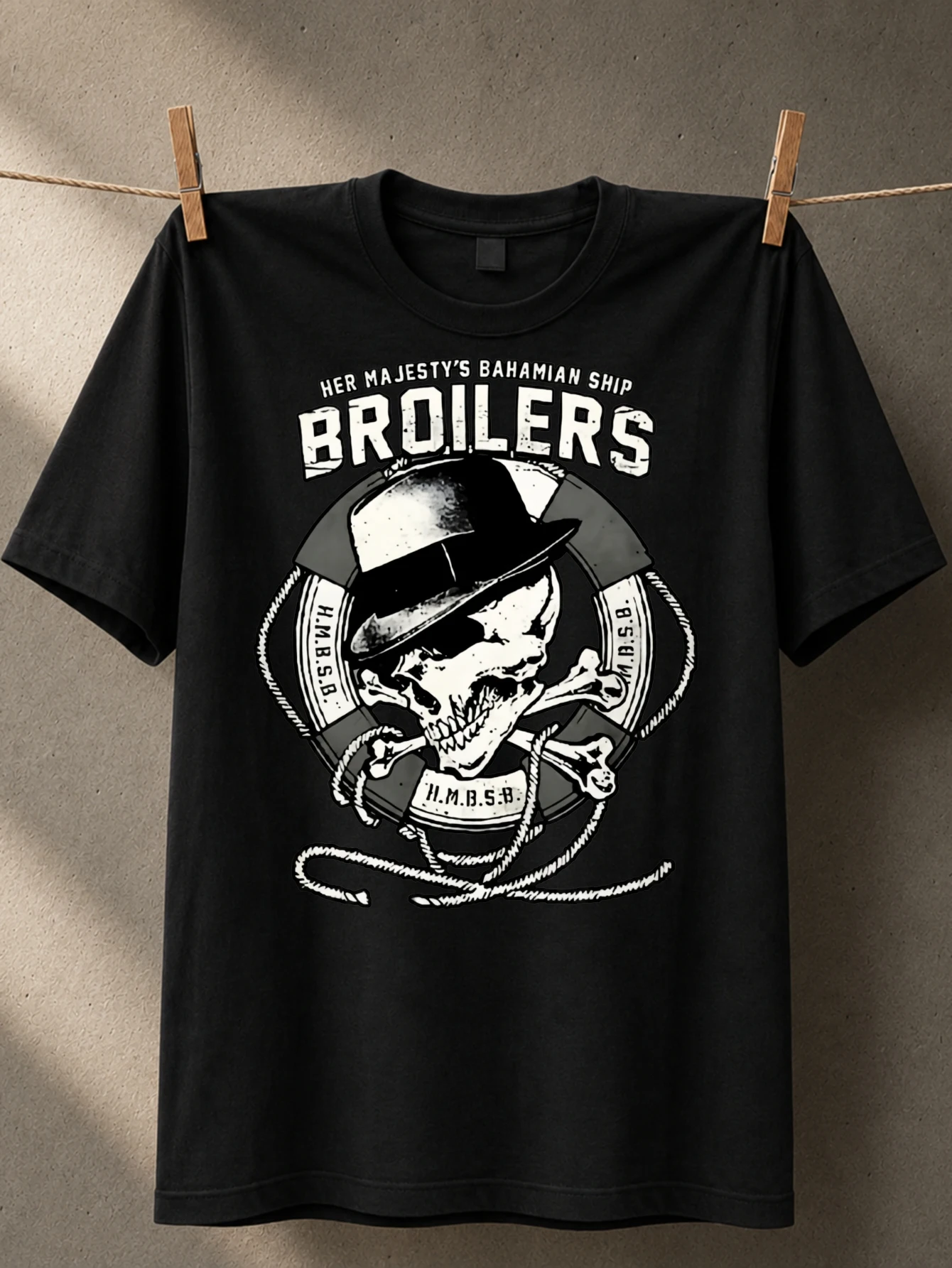 HER MAJESTS BAHAMIAN SHIP BROILERS  with brimmed crossed bones life rings and rope nautical pirate  Unisex All T-Shirt