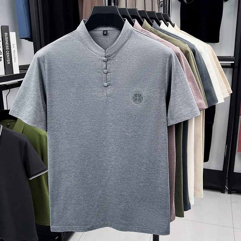 Mens Short Sleeve Stand Collar Henley Shirt Chinese Style Embroidery Slim Fit Breathable Cotton Blend for Office Daily Wear