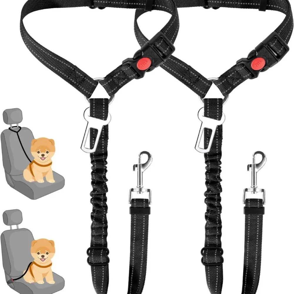 

Dog Seat Belt for Car,Dog Car Harness Seatbelt Adjustable with Elastic Bungee Buffer, 2in1 Pet Leash Restraint Dog Safet