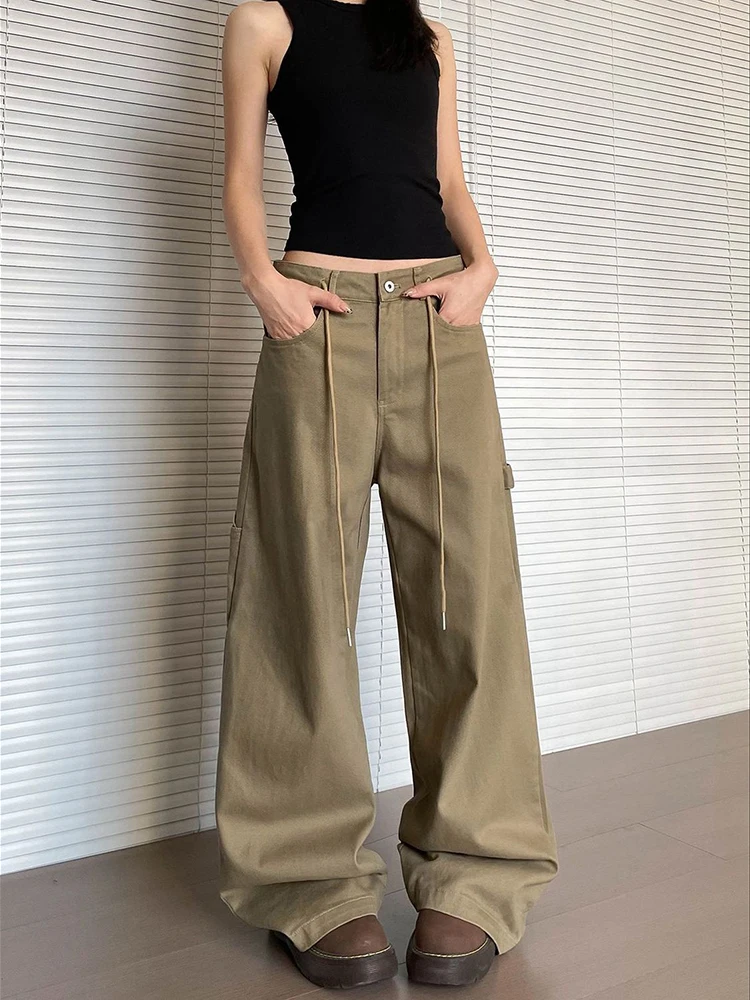 

Джинсы-карго в американском стиле с вышитыми буквами для мужчин и женщин, осенние винтажные свободные брюки на шнурке, простые повседневные брюки