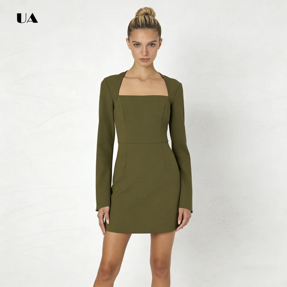 Mini robe ajustée et évasée simples à manches longues, robes de soirée trapèze solides pour femmes, robe de soirée classique personnalisée