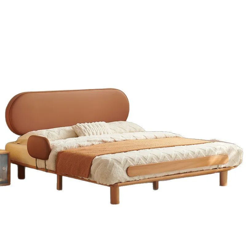 Ultra-thin bedside leather all solid wood small apartment double Japanese-style log wind beech soft bag bed