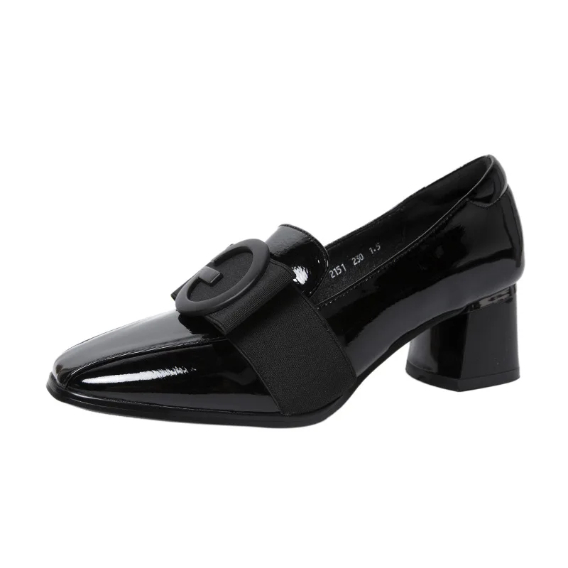 Women\'s High Heels 2024 New Luxury Patent Leather Thin Shoes Fashion Block Heel Square Toe Heels Black Office Lady Slip-on Pumps