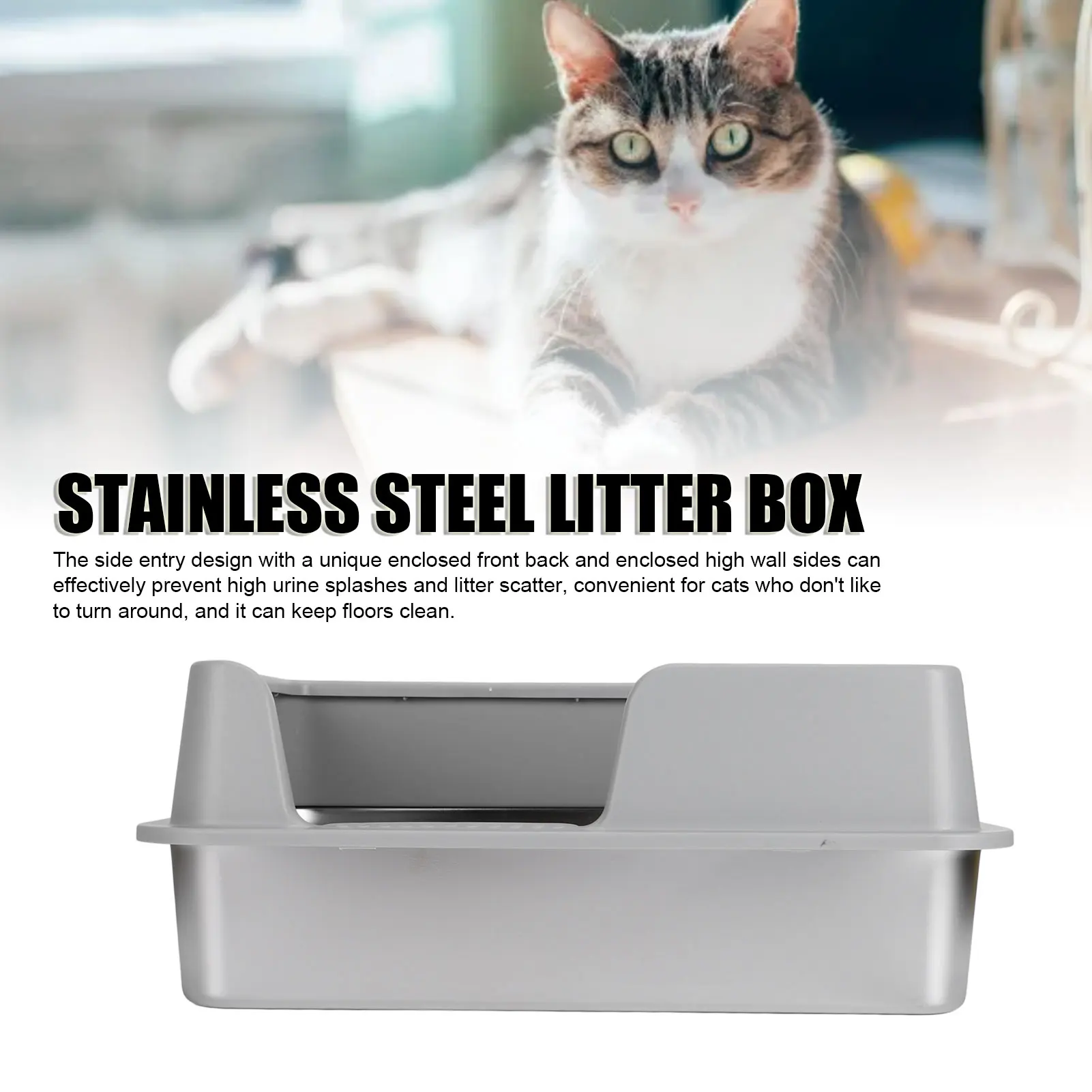 

Stainless Steel Litter Pan Splash Proof Large Open Top High Side Litter Pan With Scoop Metal Litter Box Semi Enclosed Litter Box