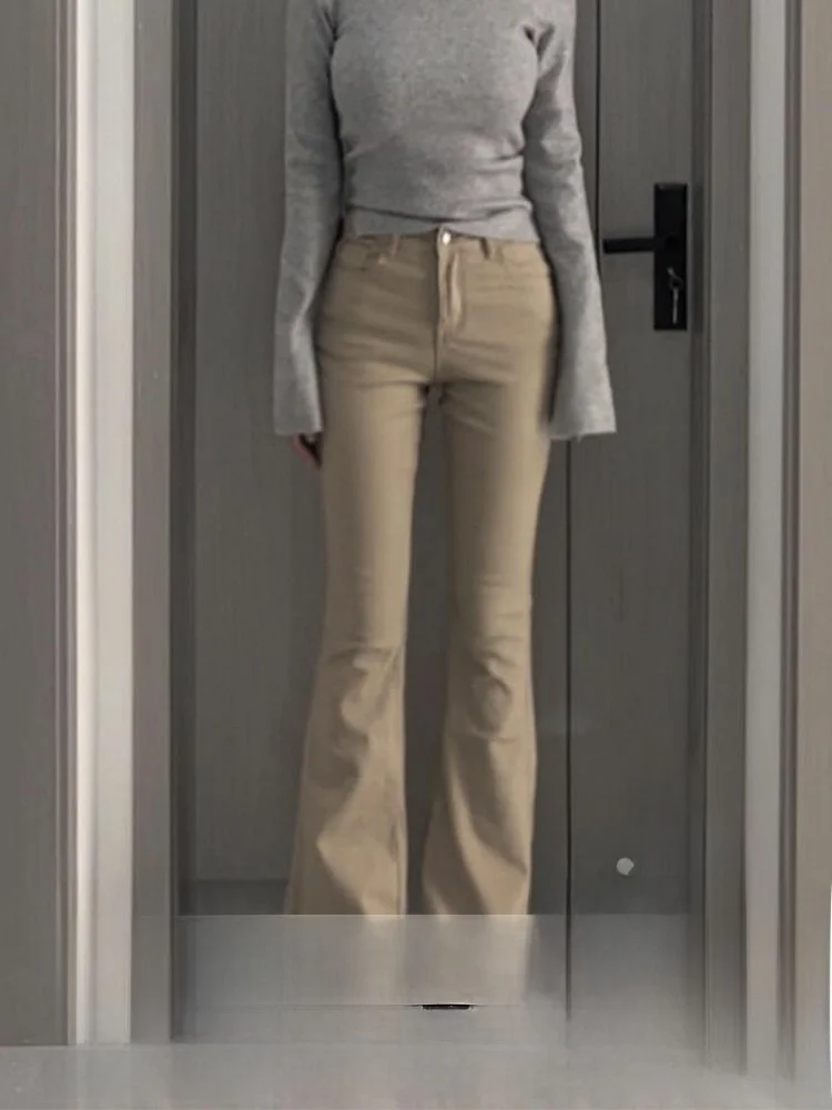 

Большие размеры, американские джинсы цвета хаки, женские джинсы с высокой талией и широкими штанинами, повседневные длинные брюки, осенне-зимние утягивающие расклешенные джинсы