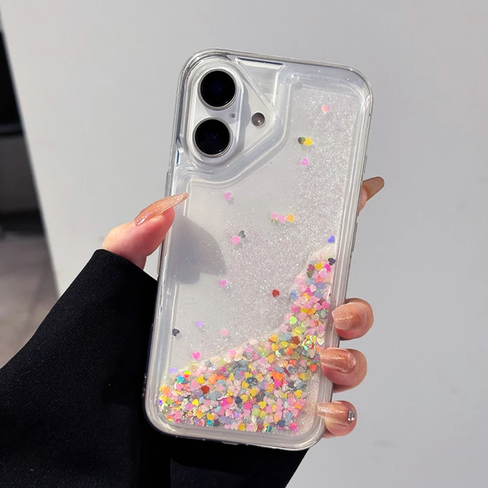 

Glitter Cute Coloful Love Heart Quicksand Phone Case For iPhone 16 15 14 13 12 11 Pro Max Plus Soft Cover Sequins Clear Shelll