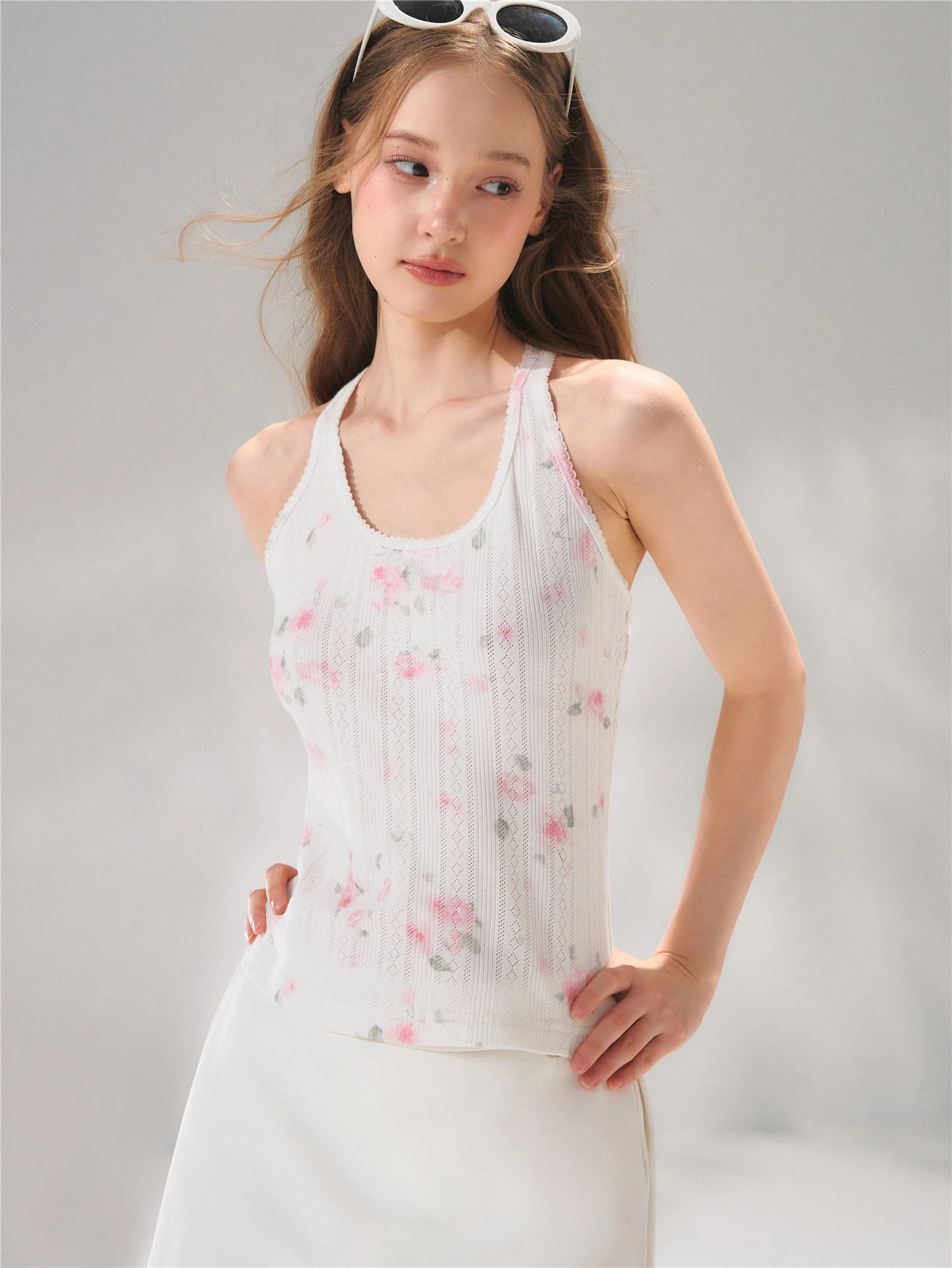 AsGony Floral Print Texture Elastic Knitted Work Shirt Curly Tooth  Strap Top Women's Casual Style High Elasticity Breath...