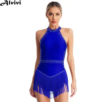 여성 라틴 댄스 피겨 스케이팅 레오타드 드레스 볼룸 탱고 삼바 차차 댄스웨어 민소매 라인 석 술 바디 슈트