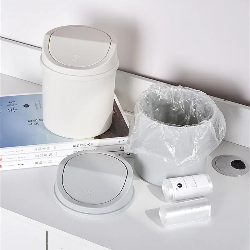 سلة مهملات مكتبية صغيرة مع غطاء متأرجح على سطح الطاولة سلة قمامة صغيرة سطح الطاولة سلة نفايات مغطاة بالبلاستيك لمكتب المكتب المنزلي #6