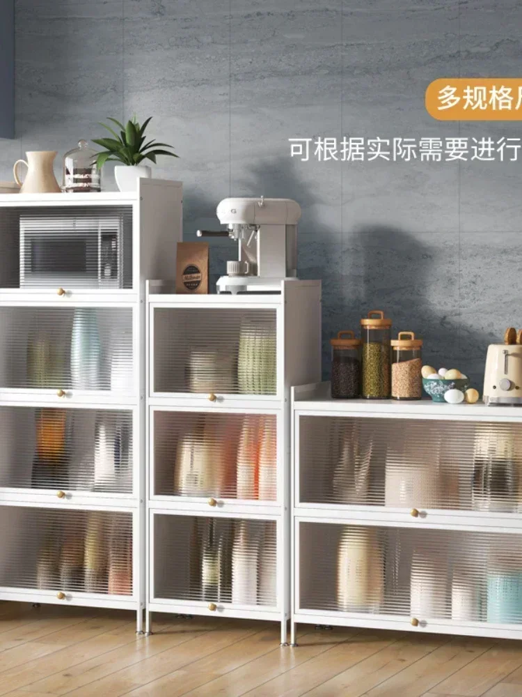 Mobile Glass Flip-Door Cabinet Living Room White Modern Minimalist Multi-Layer Storage Rack Kitchen Sideboard Cabinet