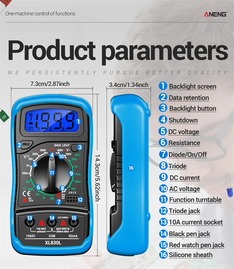 ANENG XL830L-1 Multimeter ABS Silikon 1999 Messwerte AC DC Volt Ohm Dioden HFE Tester Hintergrundbeleuchtung Piepton Datenhaltefunktion Niedrigenergie-Warner – Detail 8