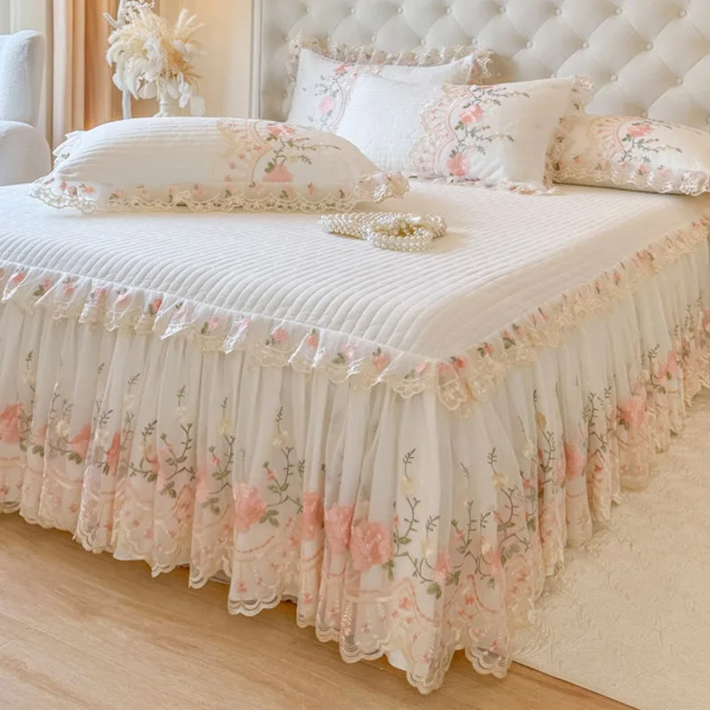 Bed Skirt Lace Trimmed Bed Skirt Quilted All Season Cover Anti Slip Sheet with Ruffle Single Bed Skirt Cover Design