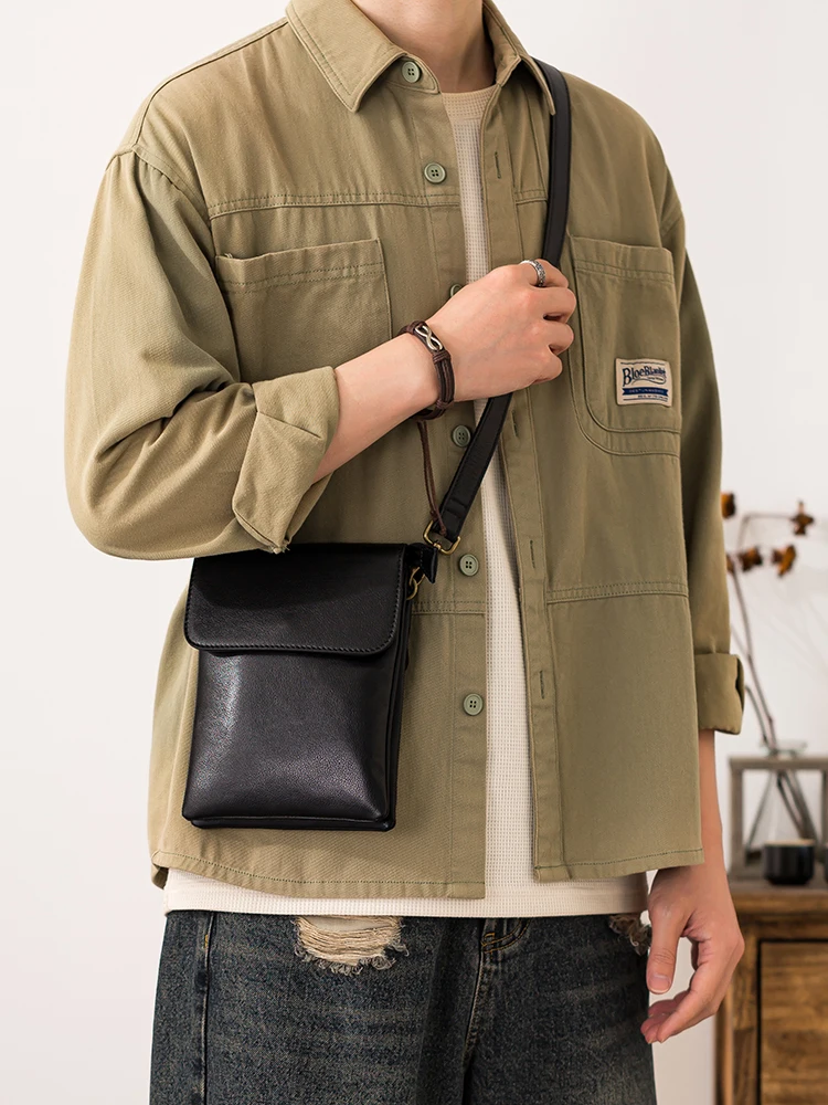 outdoor daily party genuine leather men's small phone bag simple casual luxury First layer cowhide black shoulder crossbody bag