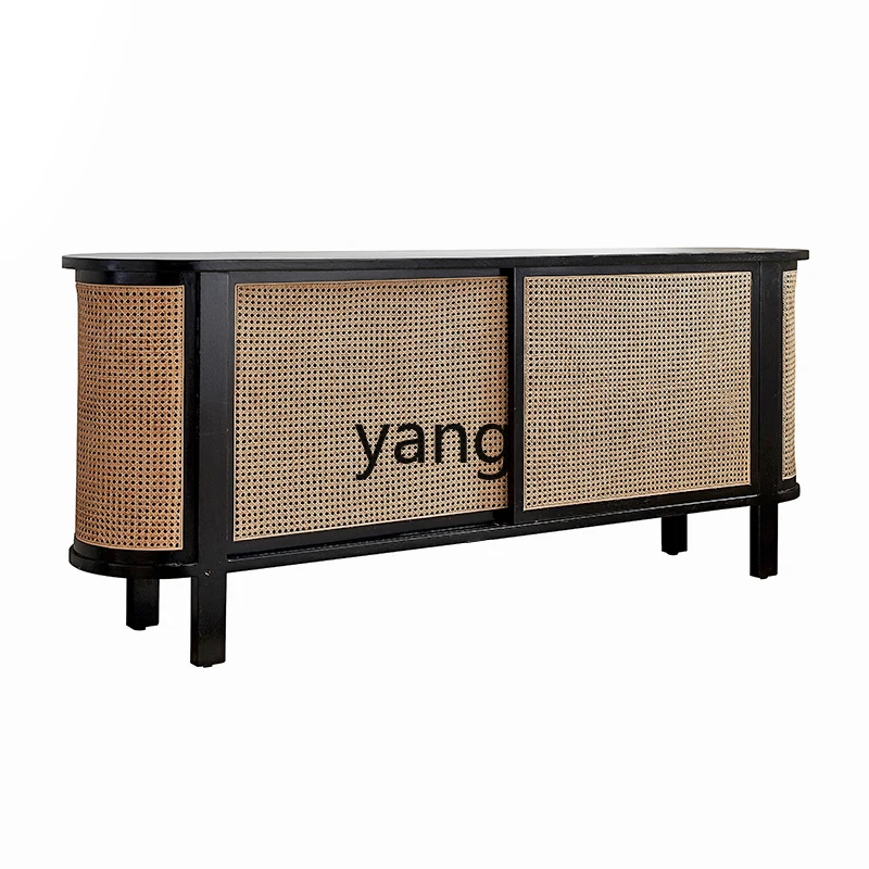 

LMM retro dining side cabinet solid wood porch cabinet black log rattan tea bucket cabinet household
