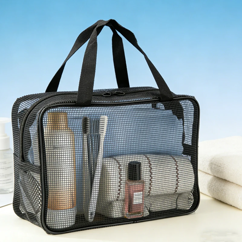 Black Mesh Toiletry Bag Portable Shower Organizer Travel Wash Bag Waterproof Leakproof Gym Duffle
