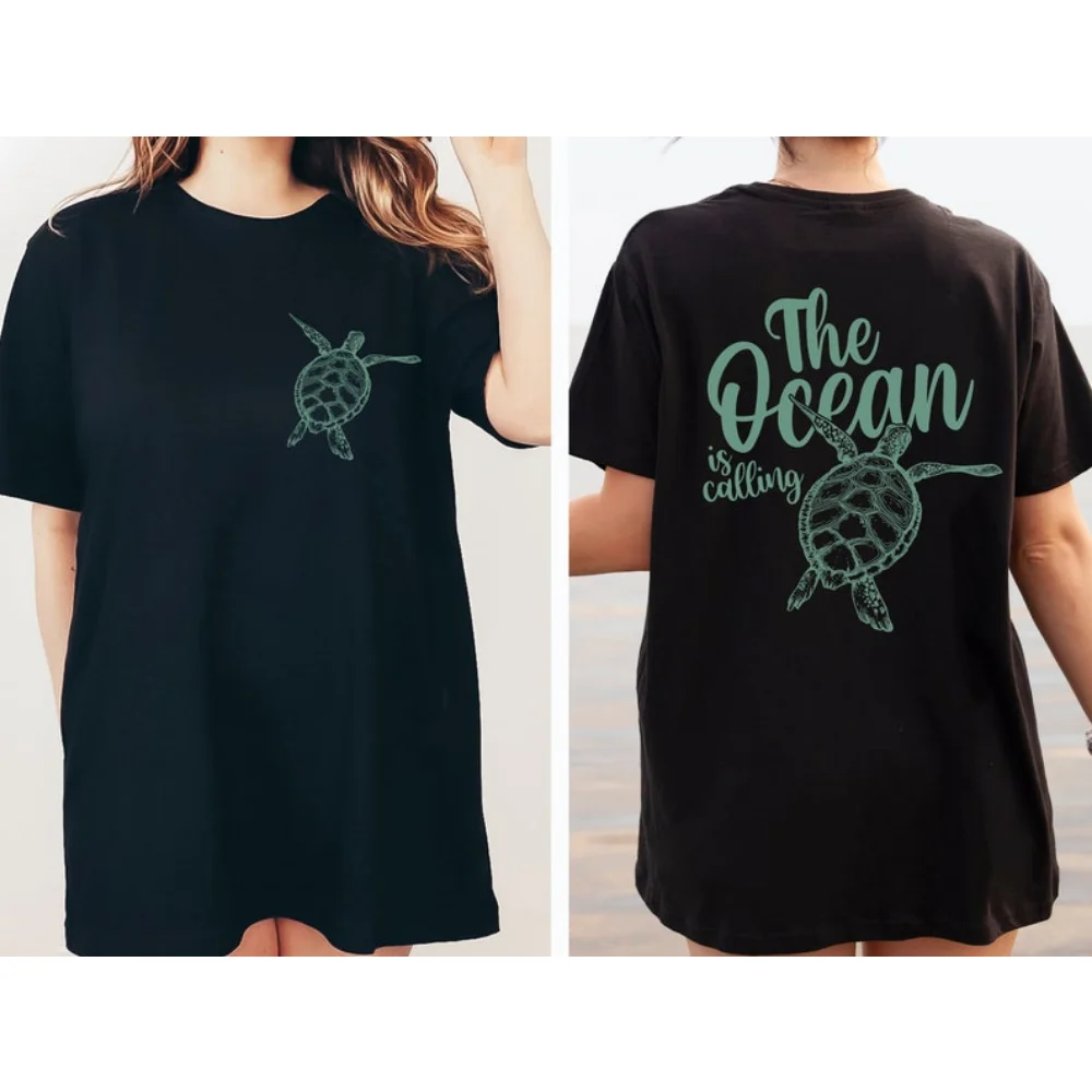 

The Ocean Is Calling Lady Tops Minimalist Turtle Print Shirt for Turtle Lover Sea Turtles Tshirt Woman Eco Friendly Gifts Tee