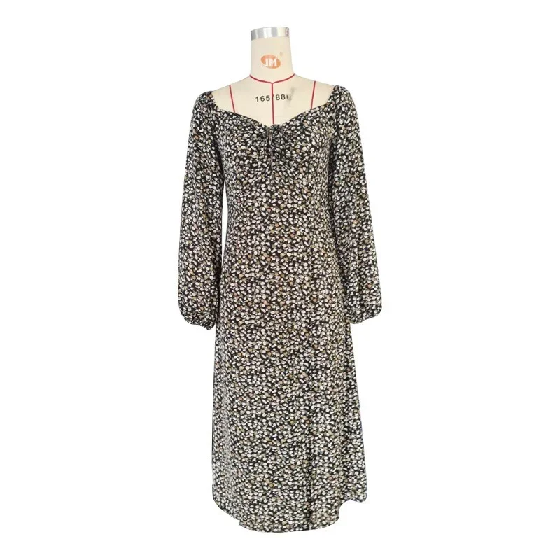 Retro V-Neck Long Sleeve Floral Dress Spring Autumn Women Sexy Split Dresses Office Lady Black Elegant High Waist Princess Dress